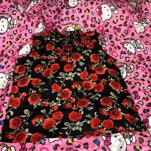 Black With Roses Allover Tie Front Tank